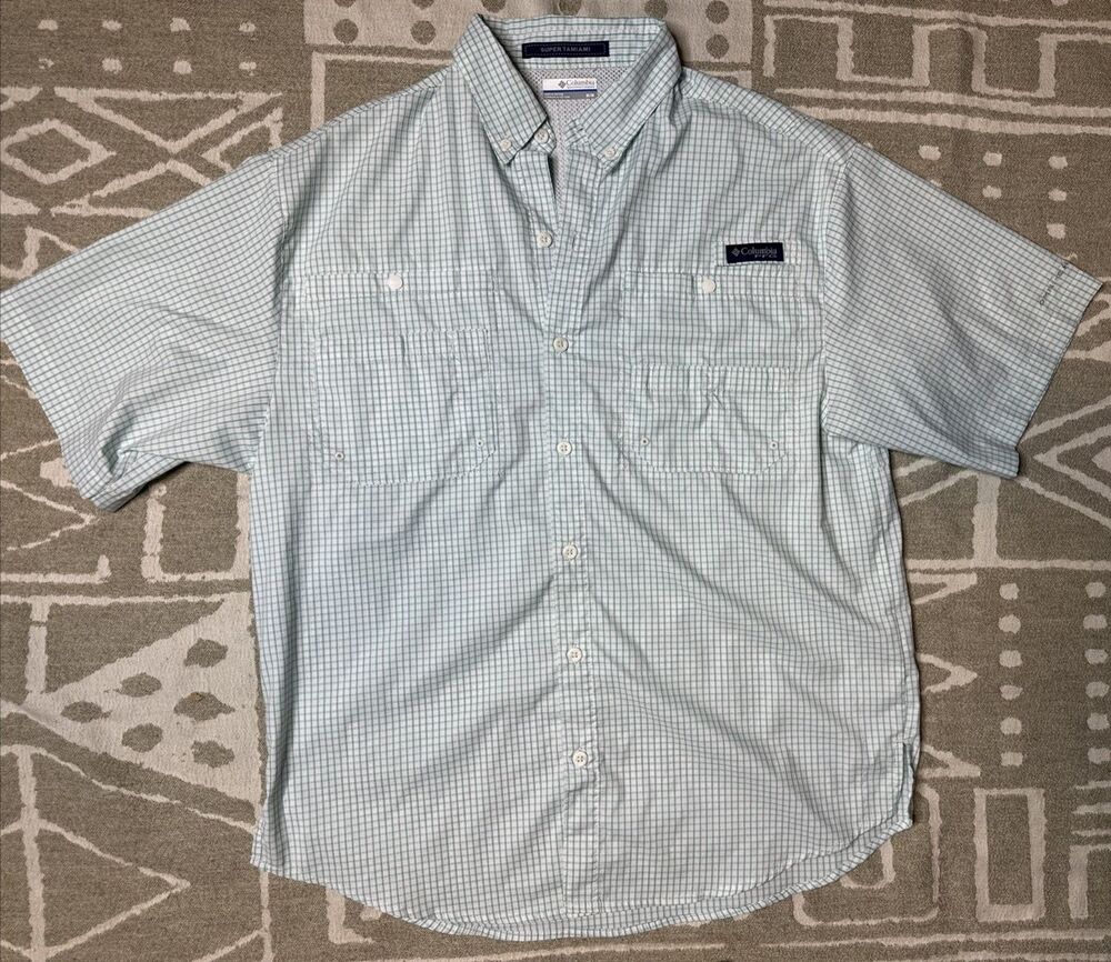 Columbia Men's Blue PFG Super Tamiami Omni-Shade Plaid Fishing T-Shirt Size M
